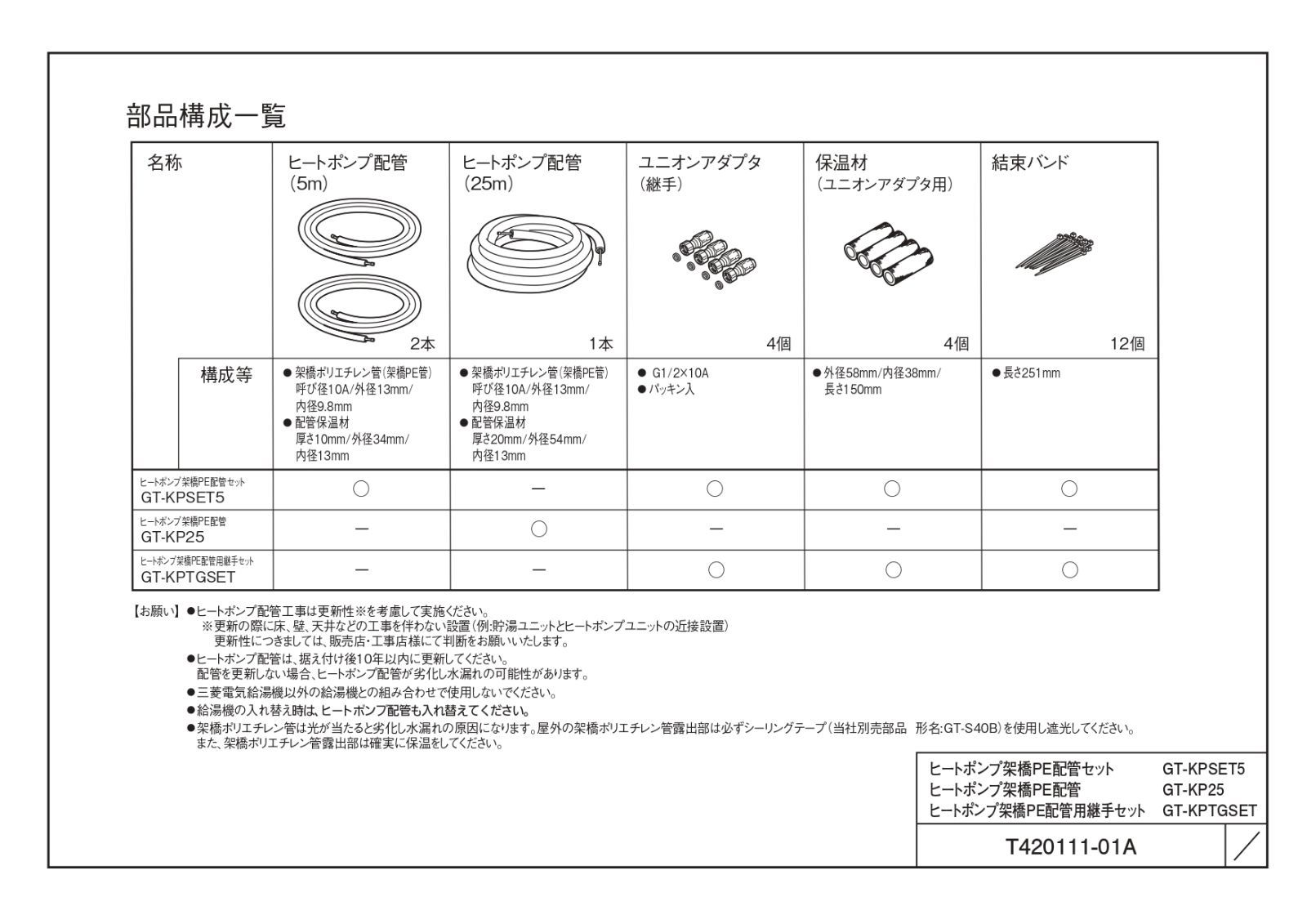  三菱電機㈱ GT-KPSET5 ヒートポンプ架橋PE配管セット 水回り 配管 住宅設備