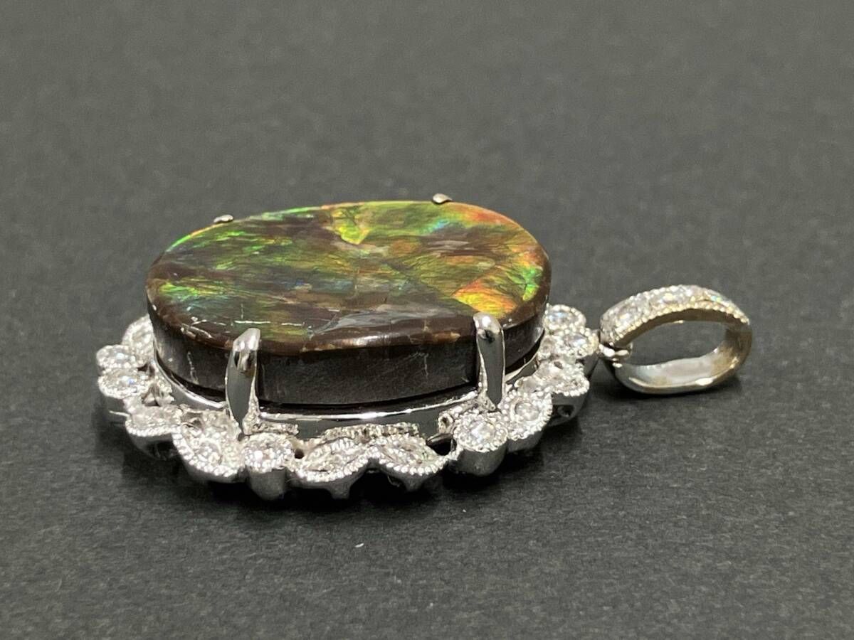 クリーニング済 K 18 WG ホワイトゴールド トップ 総重量約8.7 g 天然アンモライト 天然ダイヤモンド0.30 ct 鑑別カード付