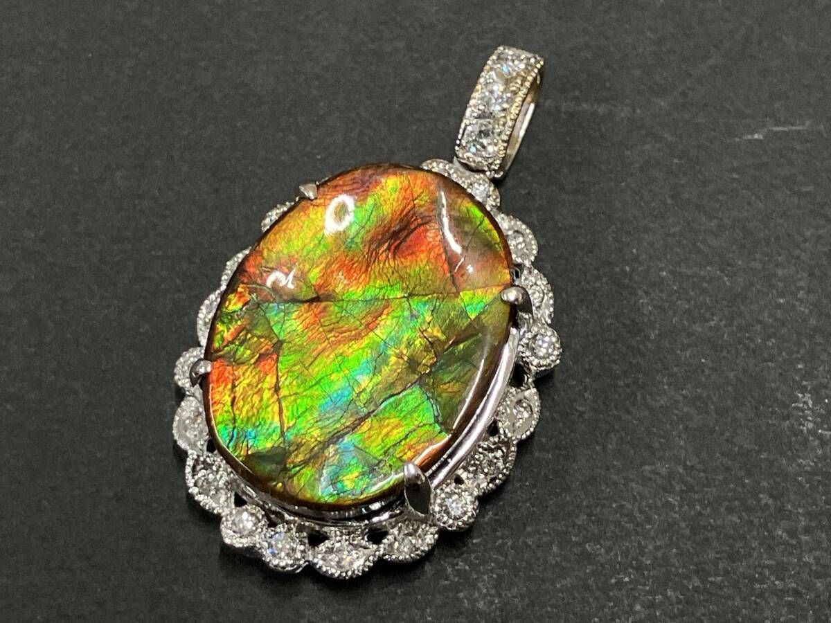 クリーニング済 K 18 WG ホワイトゴールド トップ 総重量約8 7 g 天然アンモライト 天然ダイヤモンド0 30 ct 鑑別カード付