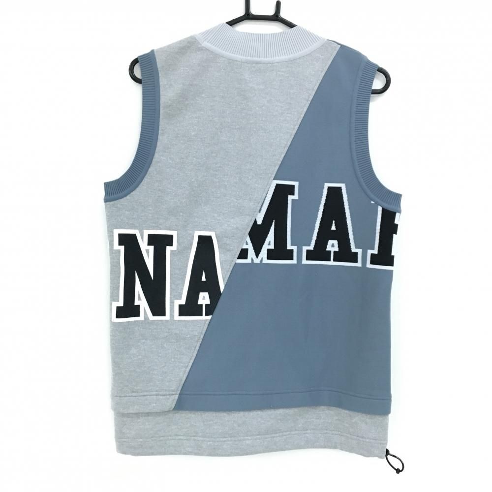 マークアンドロナ 異素材ニットベスト グレー系×黒×蛍光オレンジ