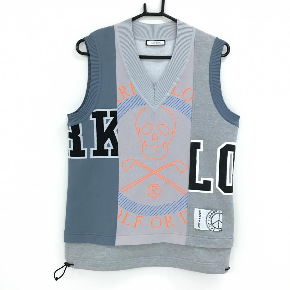 未使用 MARK&LONA マークアンドロナ ニット ベスト マークアンドロナ 異素材ニットベスト グレー系×黒×蛍光オレンジ
