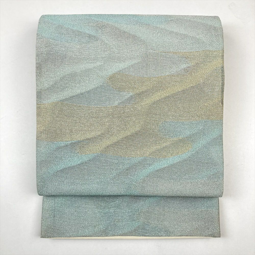 たんす屋 リユース帯 帯 袋帯 水色 カジュアル 全通 金糸 銀糸 霞取り 波