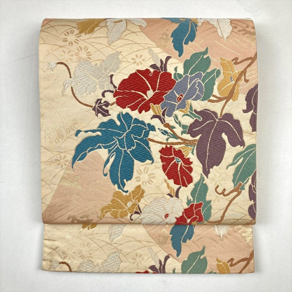 たんす屋 リユース帯 帯 袋帯 ベージュ セミフォーマル カジュアル 六通 金糸 色糸 蔓花 波 露芝