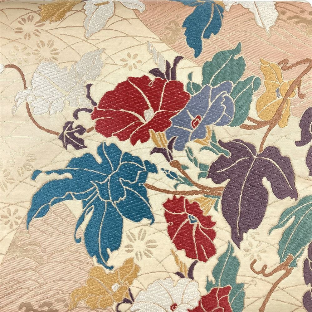 たんす屋 リユース帯 帯 袋帯 ベージュ セミフォーマル カジュアル 六通 金糸 色糸 蔓花 波 露芝