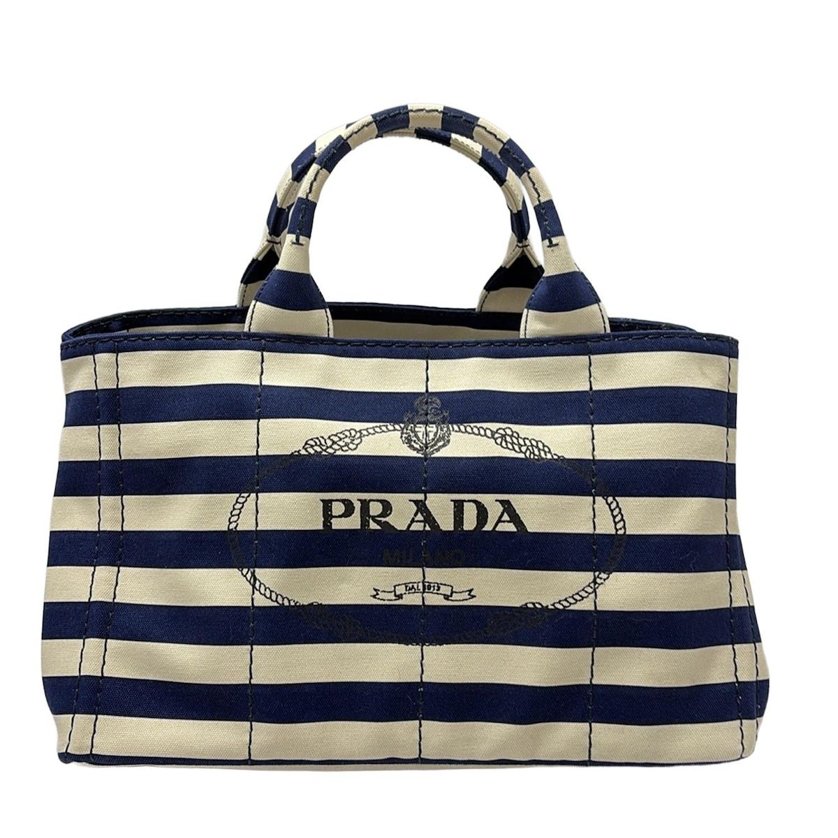 PRADA プラダ トートバッグ CANAPA B 2642 アイボリー ネイビー ボーダー