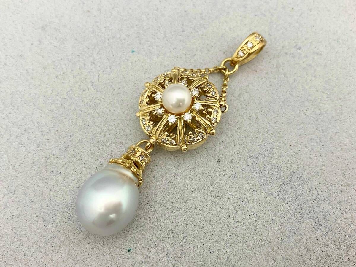 鑑別カード付き K 18 南洋真珠 天然ダイヤモンドトップ 10 2 g 0 37 ct