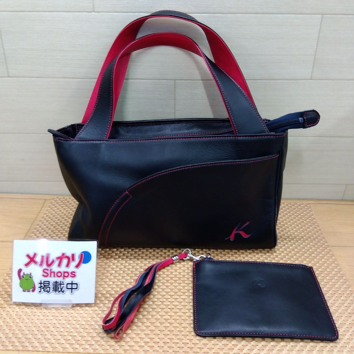 キタムラ ハンドバッグ ポーチ付き ブラック レッド 3517