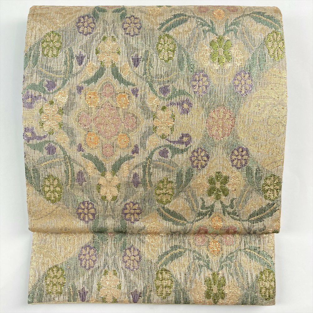 たんす屋 リユース帯 帯 袋帯 金 セミフォーマル カジュアル 六通 透かし織り調 金糸 変わり立涌 華文 オリエンタル