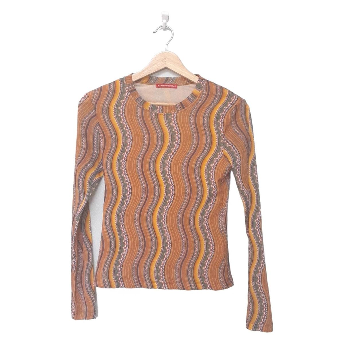 TAM ヴィヴィアンタム 長袖カットソー サイズ40 M レディース ブラウン グリーン マルチ クルーネック メッシュ