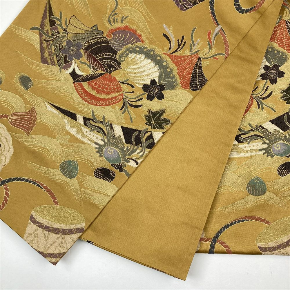  たんす屋 リユース帯 帯 袋帯 黄色 からし フォーマル セミフォーマル 六通 金糸 松 桜 紅葉 舟 貝 波 袋帯 帯