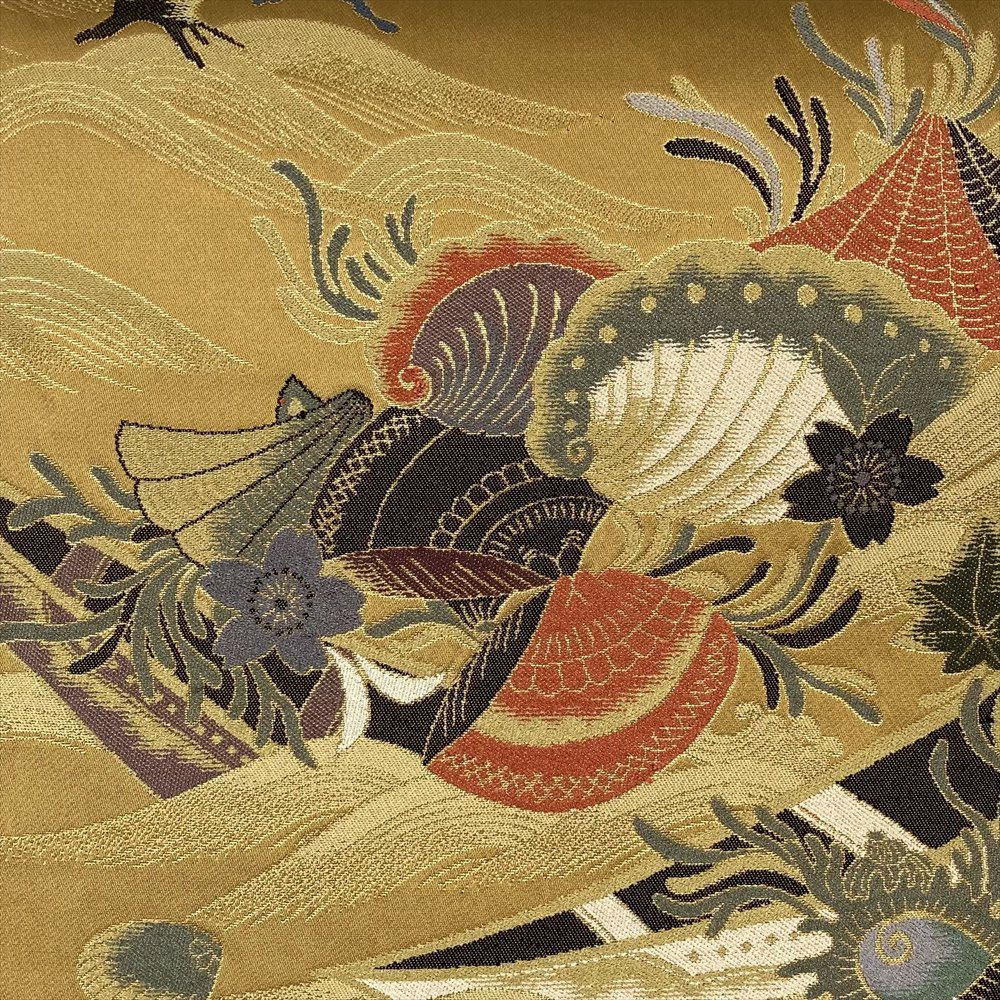 たんす屋 リユース帯 帯 袋帯 黄色 からし フォーマル セミフォーマル 六通 金糸 松 桜 紅葉 舟 貝 波