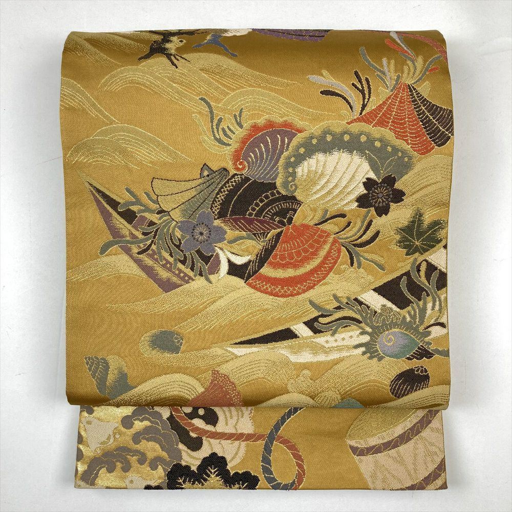 たんす屋 リユース帯 帯 袋帯 黄色 からし フォーマル セミフォーマル 六通 金糸 松 桜 紅葉 舟 貝 波
