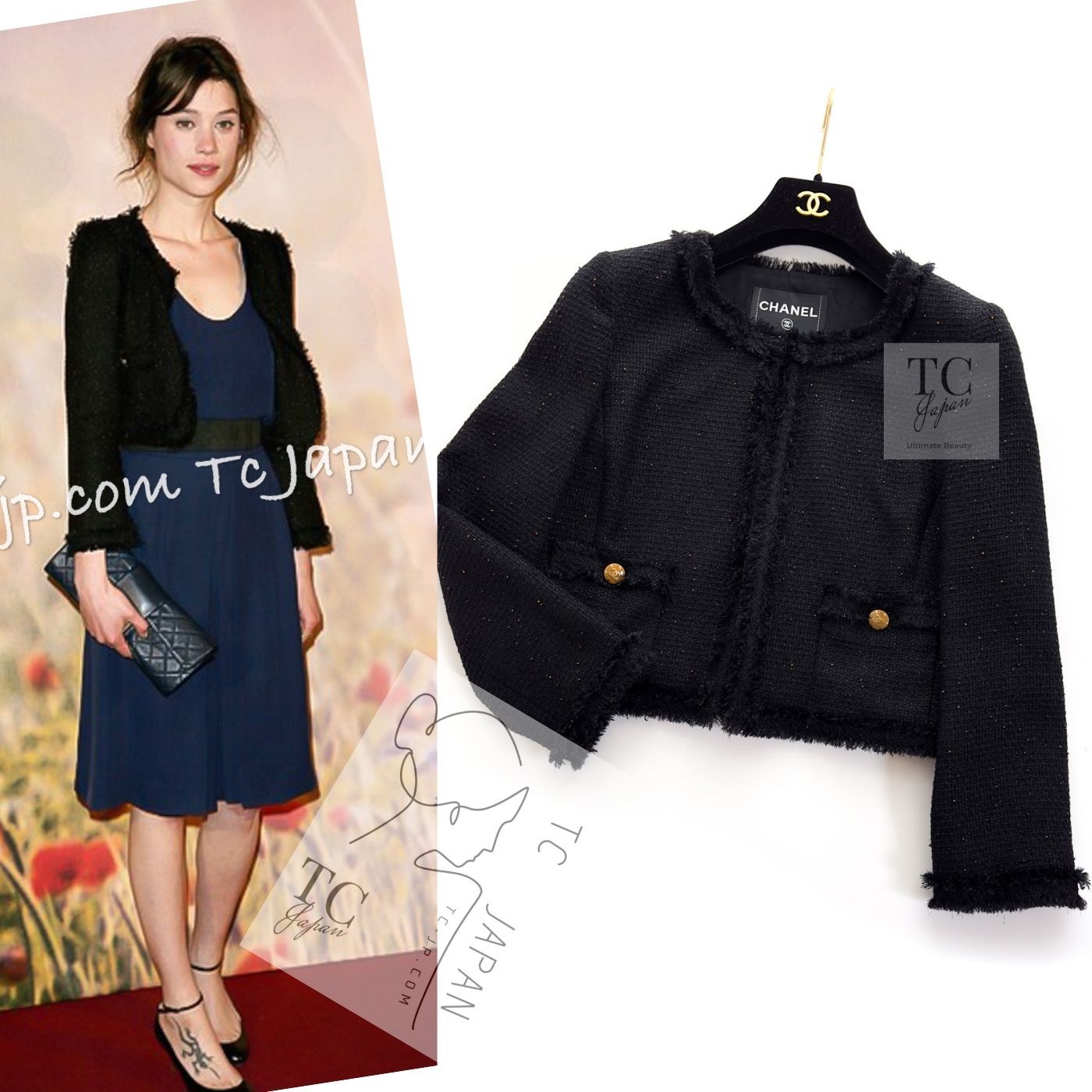 シャネル ジャケット CHANEL ブラック アンバー ビーズ ウール クロップ ランウェイ登場 カール ラガーフェルド 超 40