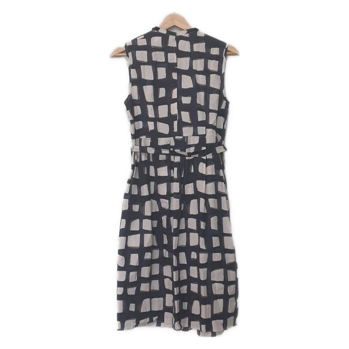 マックスマーラ ワンピース サイズJ 36 レディース - ネイビー×白×ダークグレー クルーネック ノースリーブ ひざ丈 ビーズ