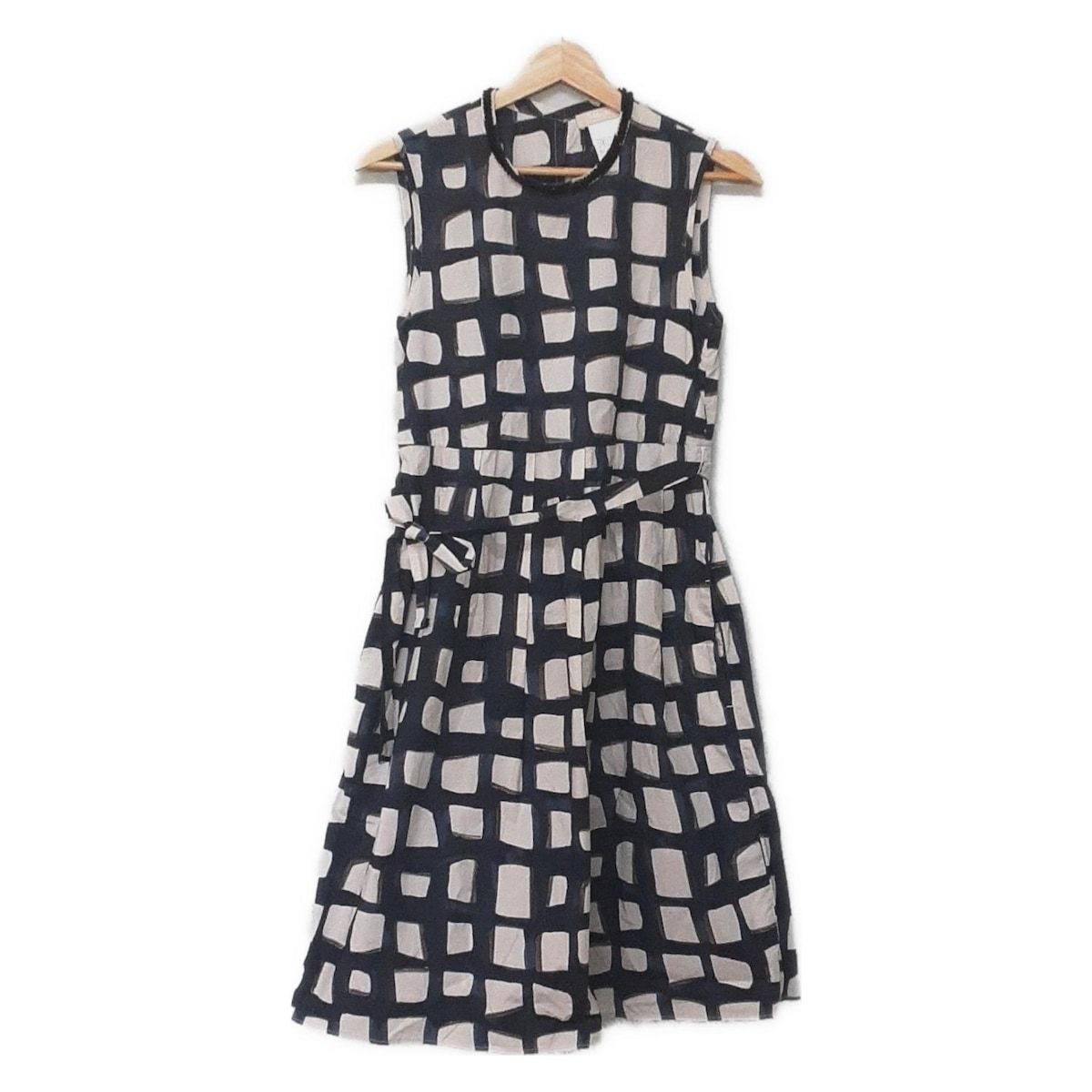 マックスマーラ ワンピース サイズJ 36 レディース - ネイビー×白×ダークグレー クルーネック ノースリーブ ひざ丈 ビーズ