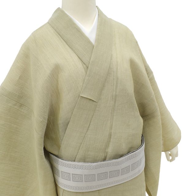 中古】 男物 夏物 単衣 着物 リサイクル 本場 小千谷ちぢみ 麻 砂色