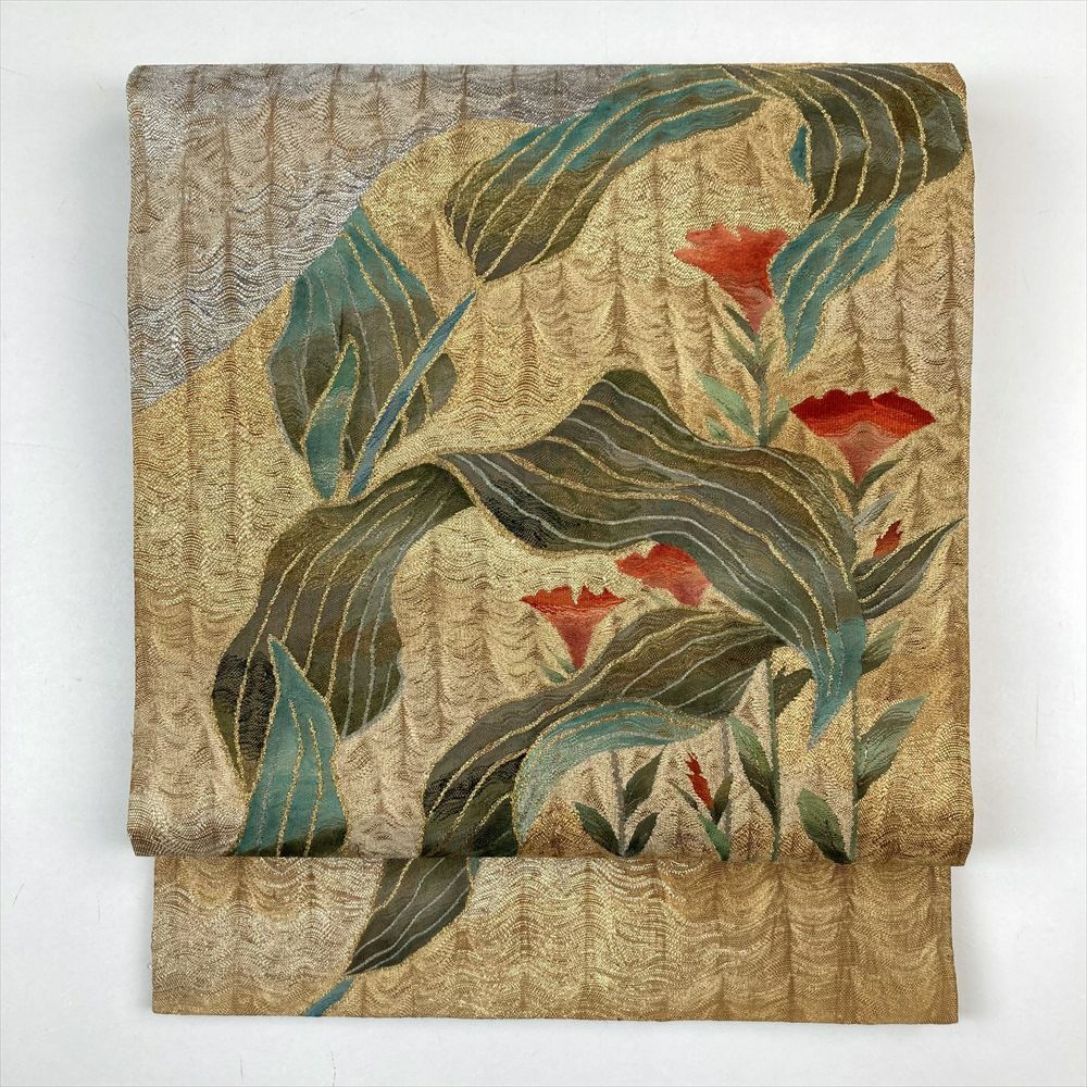 たんす屋 リユース帯 帯 袋帯 黄色 セミフォーマル カジュアル リバーシブル 六通 金糸 銀糸 花 流水 色紙