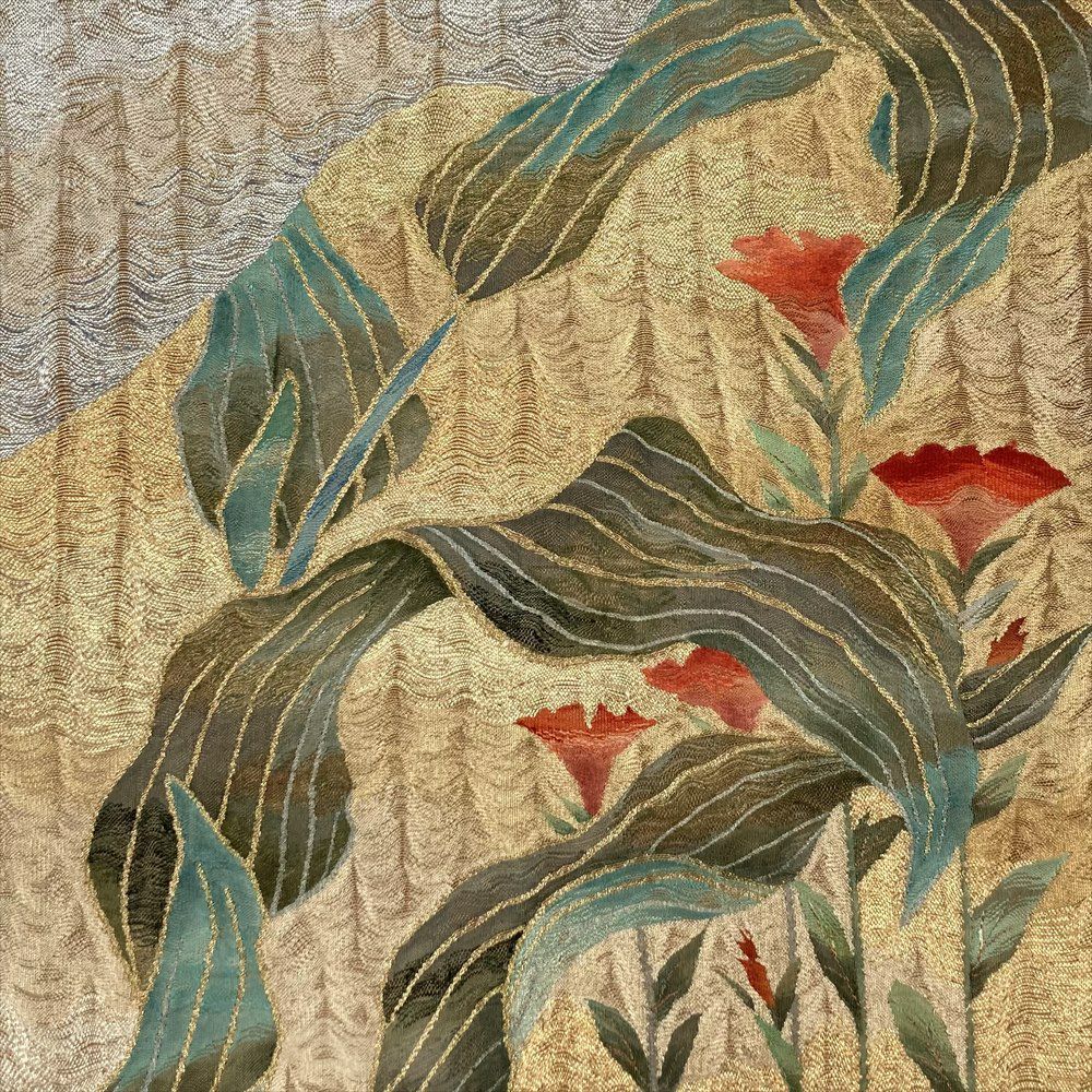 たんす屋 リユース帯 帯 袋帯 黄色 セミフォーマル カジュアル リバーシブル 六通 金糸 銀糸 花 流水 色紙