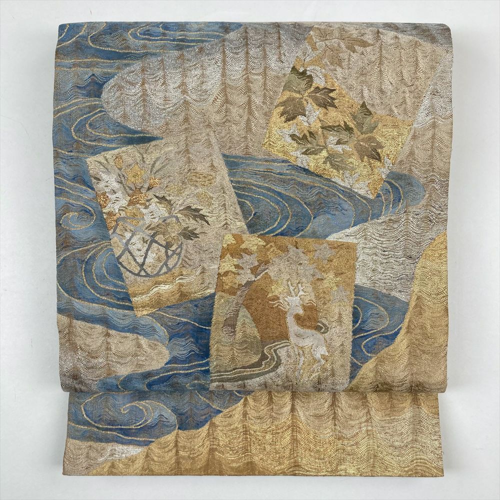  たんす屋 リユース帯 帯 袋帯 黄色 セミフォーマル カジュアル リバーシブル 六通 金糸 銀糸 花 流水 色紙 袋帯 帯