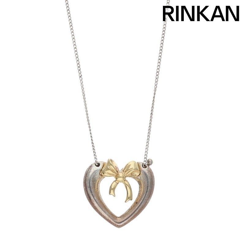 【美品】ティファニー オープンハート リボンコンビ ネックレス 925/750 ティファニー オープンハートリボン AU750/シルバーコンビネックレス