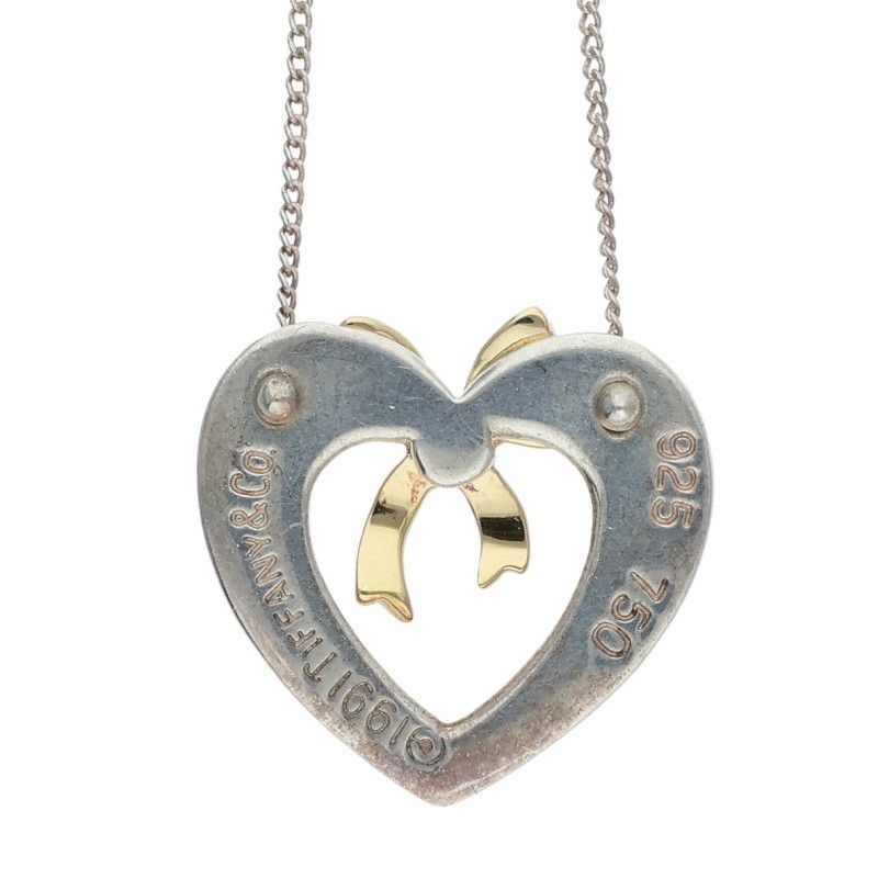 【美品】ティファニー オープンハート リボンコンビ ネックレス 925/750 ティファニー オープンハートリボン AU750/シルバーコンビネックレス