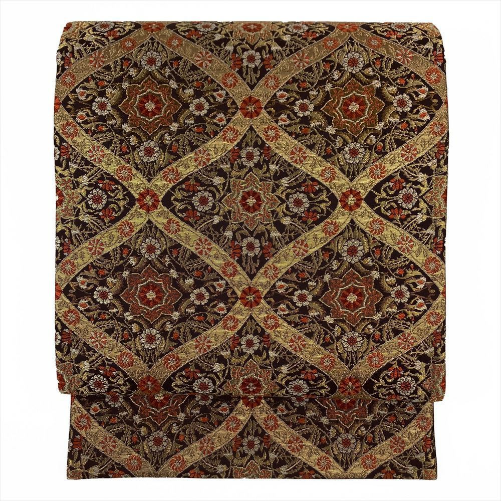 たんす屋 リユース帯 帯 袋帯 茶 フォーマル セミフォーマル 六通 金糸 変わり格天井 華文 オリエンタル