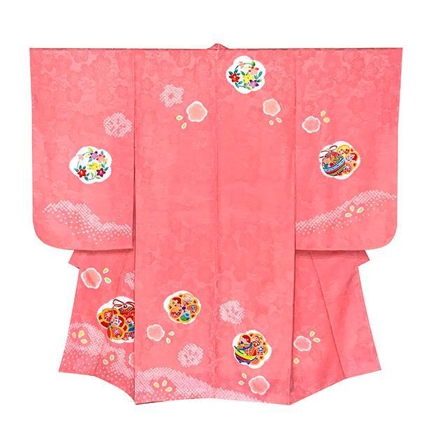 七五三 着物 3歳 女の子 正絹 絵羽柄 本絞り 手描き友禅 三ツ身の子供着物 着物のみ ピンク 鈴と梅 糸車