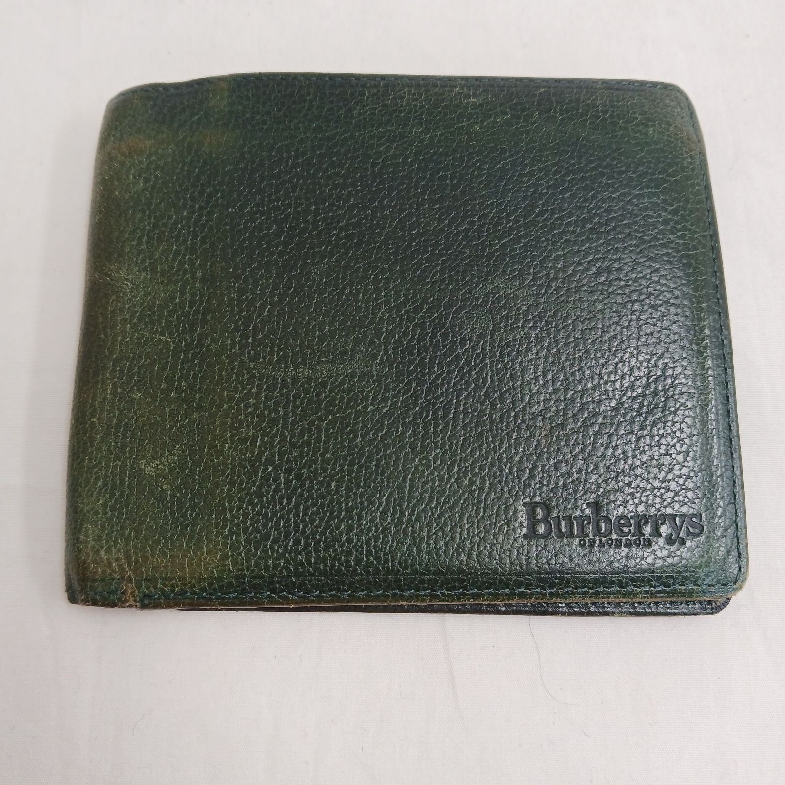 中古品】Burberry グリーンレザー 2つ折りメンズ財布 内側ノバ