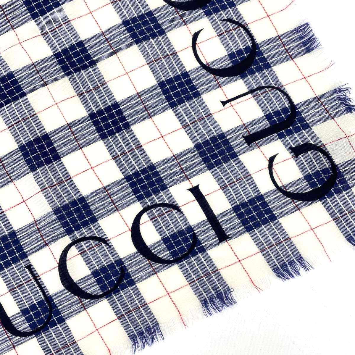 GUCCI グッチ 大判ストール チェック/ロゴ/140×140 ホワイト×ブルー