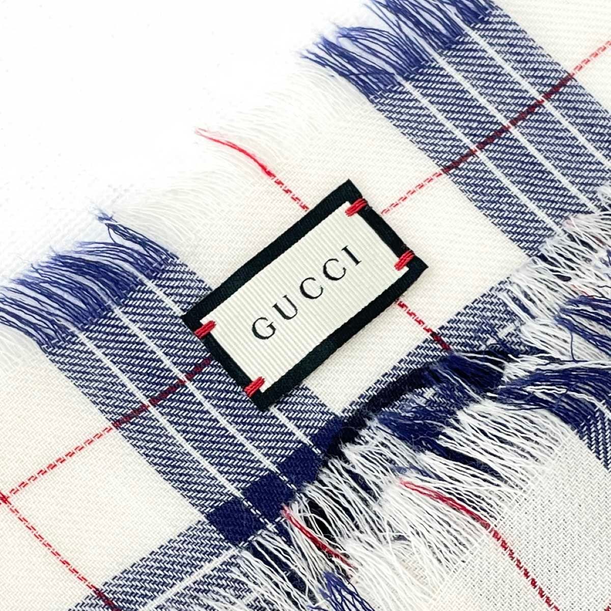 GUCCI グッチ 大判ストール チェック/ロゴ/140×140 ホワイト×ブルー