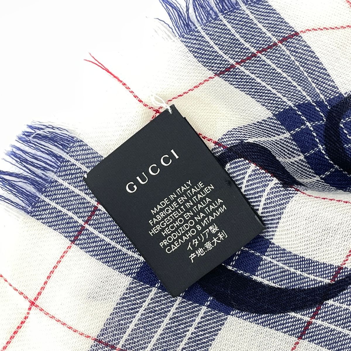 GUCCI グッチ 大判ストール チェック/ロゴ/140×140 ホワイト×ブルー