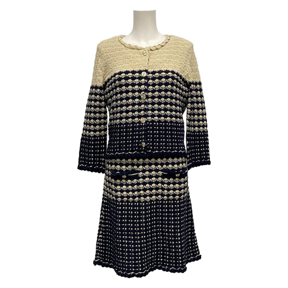 CHANEL シャネル ワンピースセットアップ レディース P 43366 ベージュ ダークネイビー ロング ニット リボン 2012年 コットン