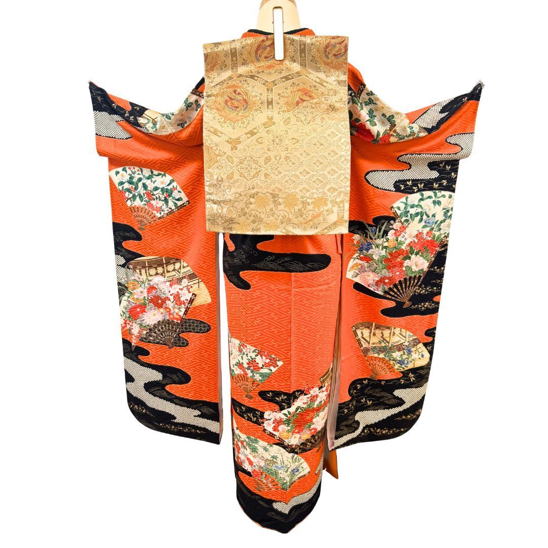 振袖 6点フルセット 正絹 橙×黒 扇面文様 流水文様 身丈163cm 裄66cm