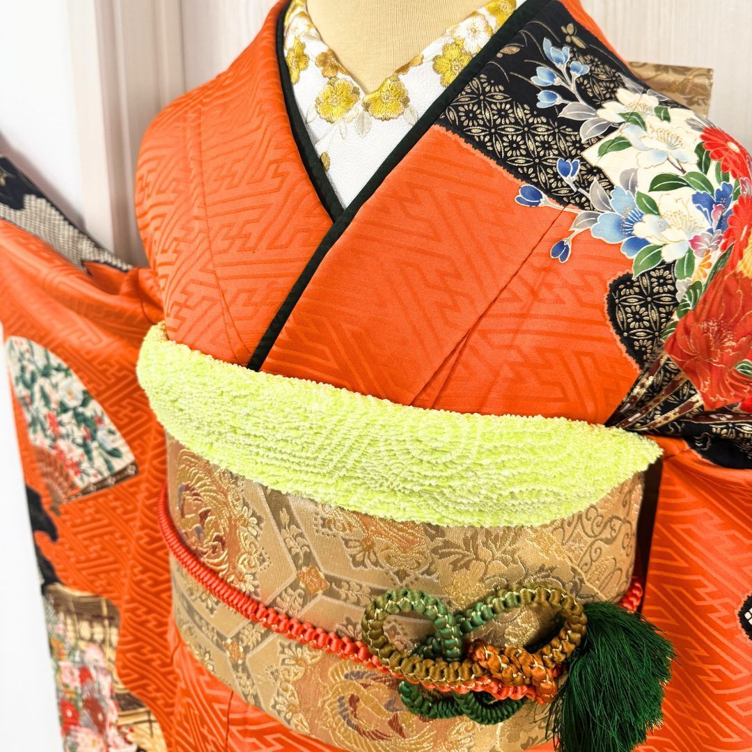 振袖 6点フルセット 正絹 橙×黒 扇面文様 流水文様 身丈163cm 裄66cm