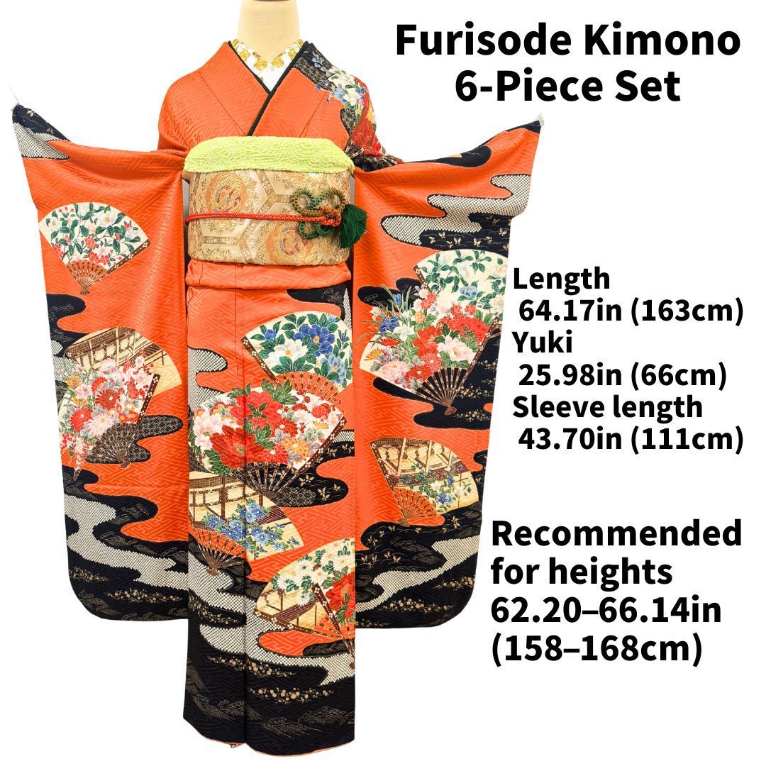 振袖フルセット6点サイズM〜L正絹 扇面鶴飛文　売り切り終了 振袖 6点フルセット 正絹 橙×黒 扇面文様 流水文様 身丈163cm 裄66cm