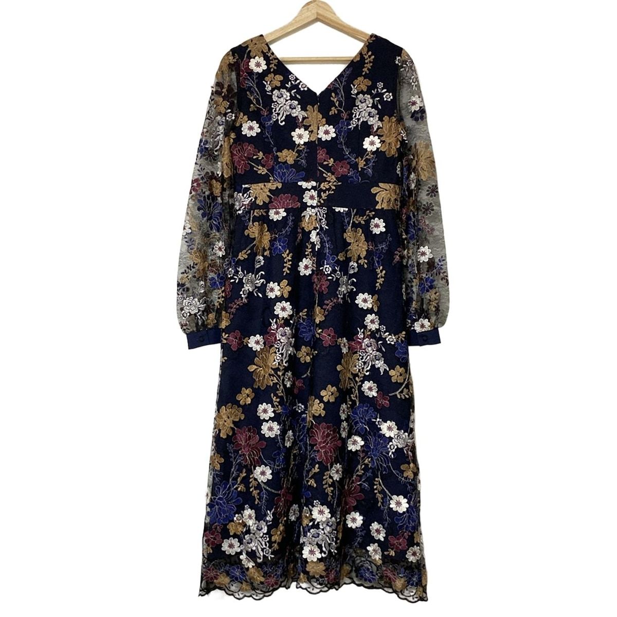 グレースコンチネンタル ワンピース サイズ38 M レディース - 黒×白×マルチ Vネック 長袖 ロング 花柄 レース ラメ