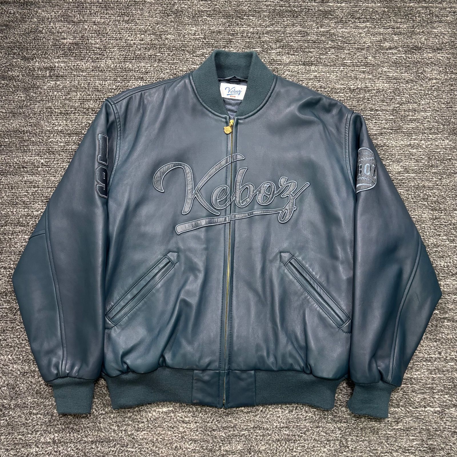 極美品 Keboz LEATHER VARSITY JACKET BLUE M ケボズ レザーバーシティ
