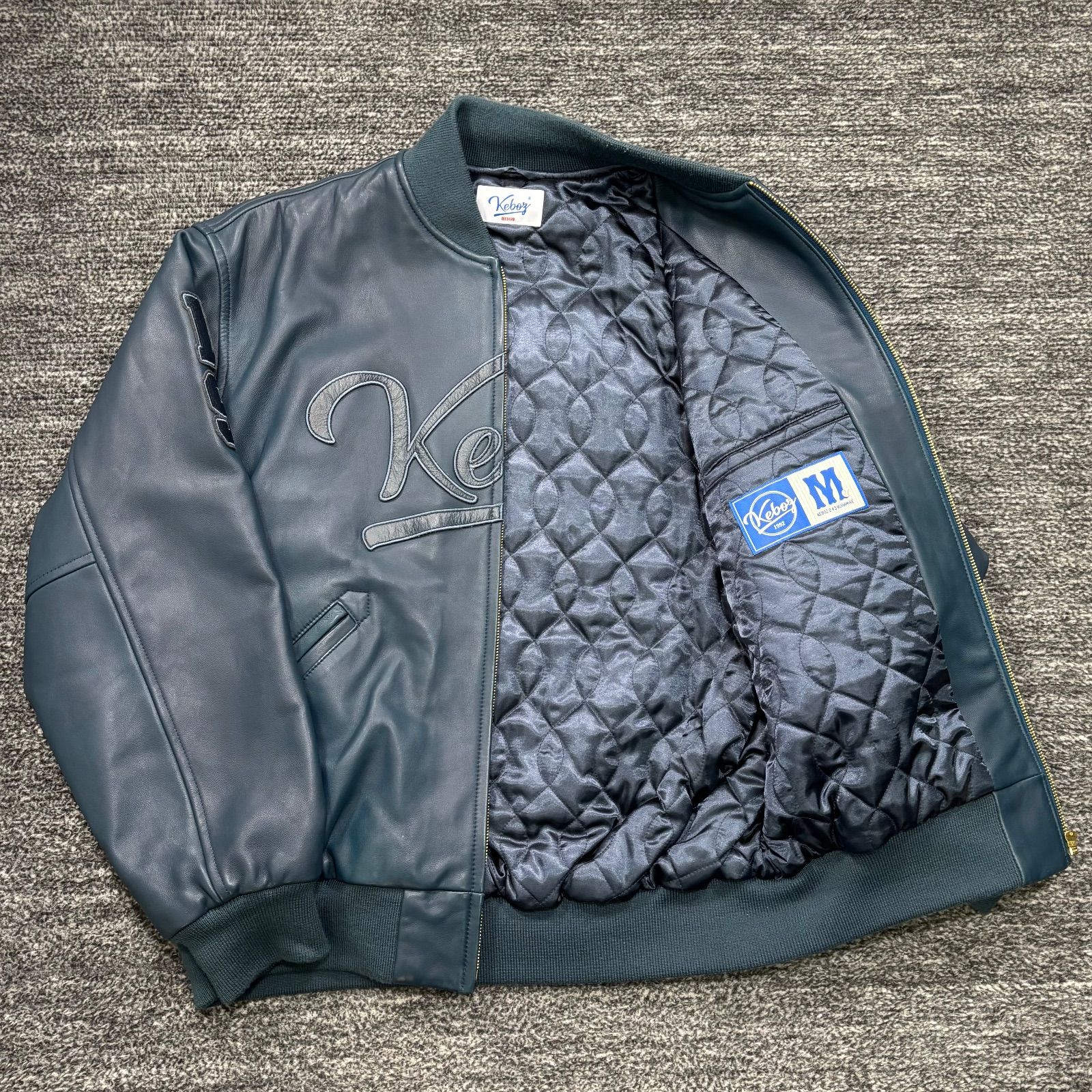 極美品 Keboz LEATHER VARSITY JACKET BLUE M ケボズ レザーバーシティ
