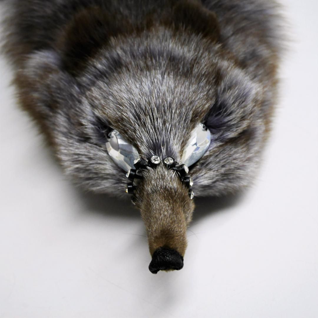 色 艶めくパープリッシュグレー フォックスファー ボア ショール ヘッドテール付き