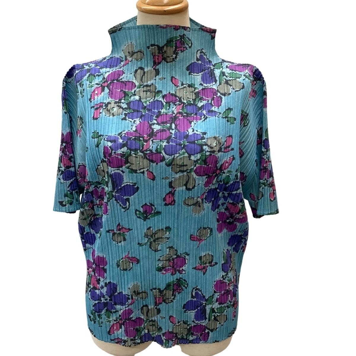 ISSEY MIYAKE イッセイミヤケ PLEATS PLEASE カットソー 花柄 SIZE 3 PP 61-JK 681 スカイブルー