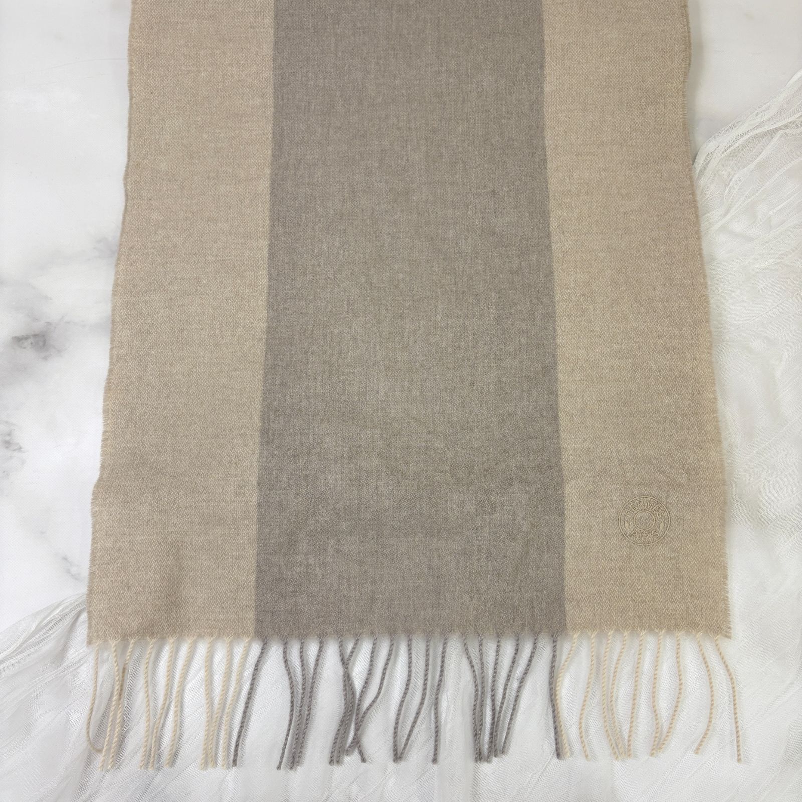  鑑定済み エルメス H サマーブロック ベージュ グレー カシミヤ マフラー クルードセル マフラー 小物