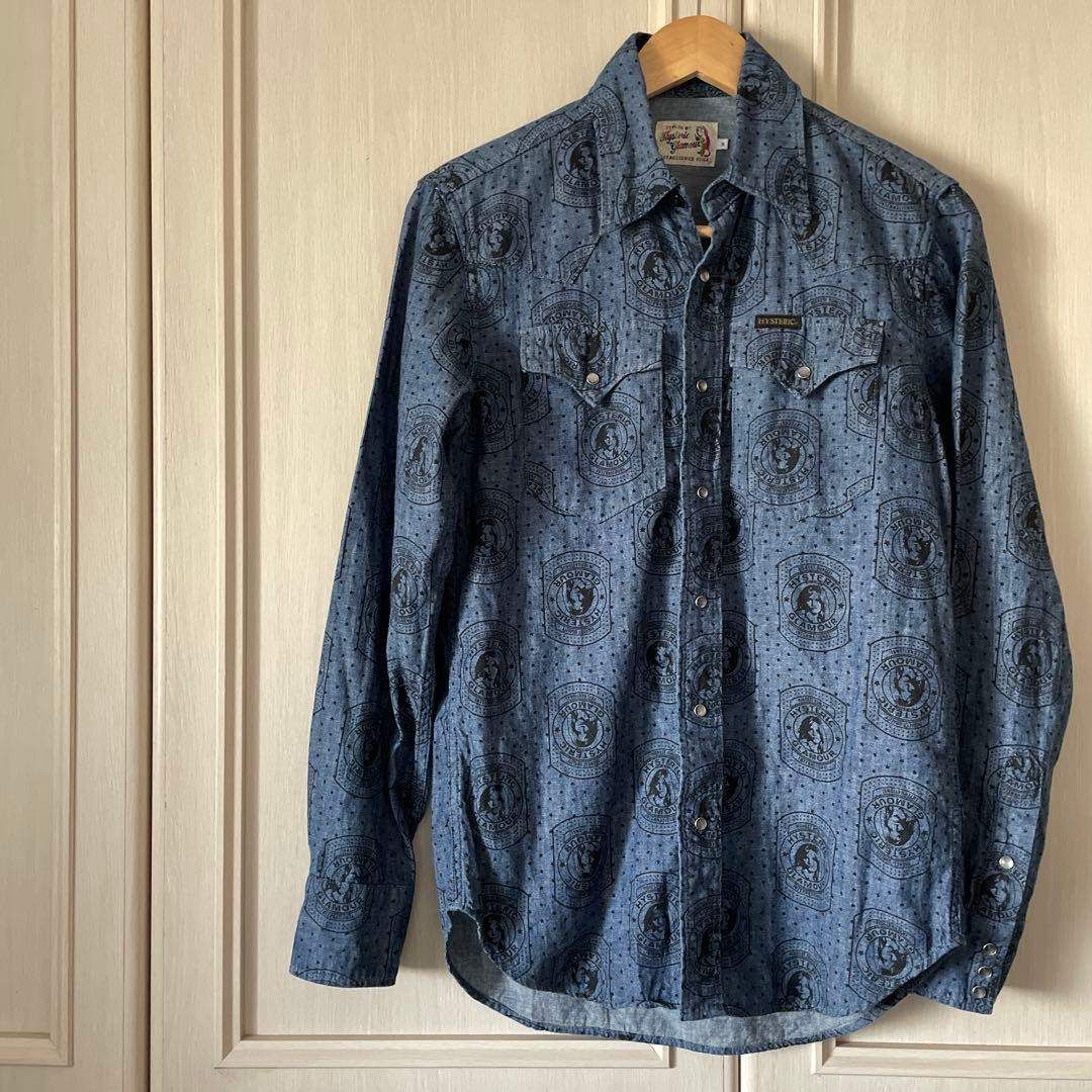 併売品 メンズ men s Hysteric Glamour ヒステリックグラマー シャツ 総柄 デニム 長袖 タンガリー ブルー 青 藍色 ネイビー 紺色 BLUE NAVY