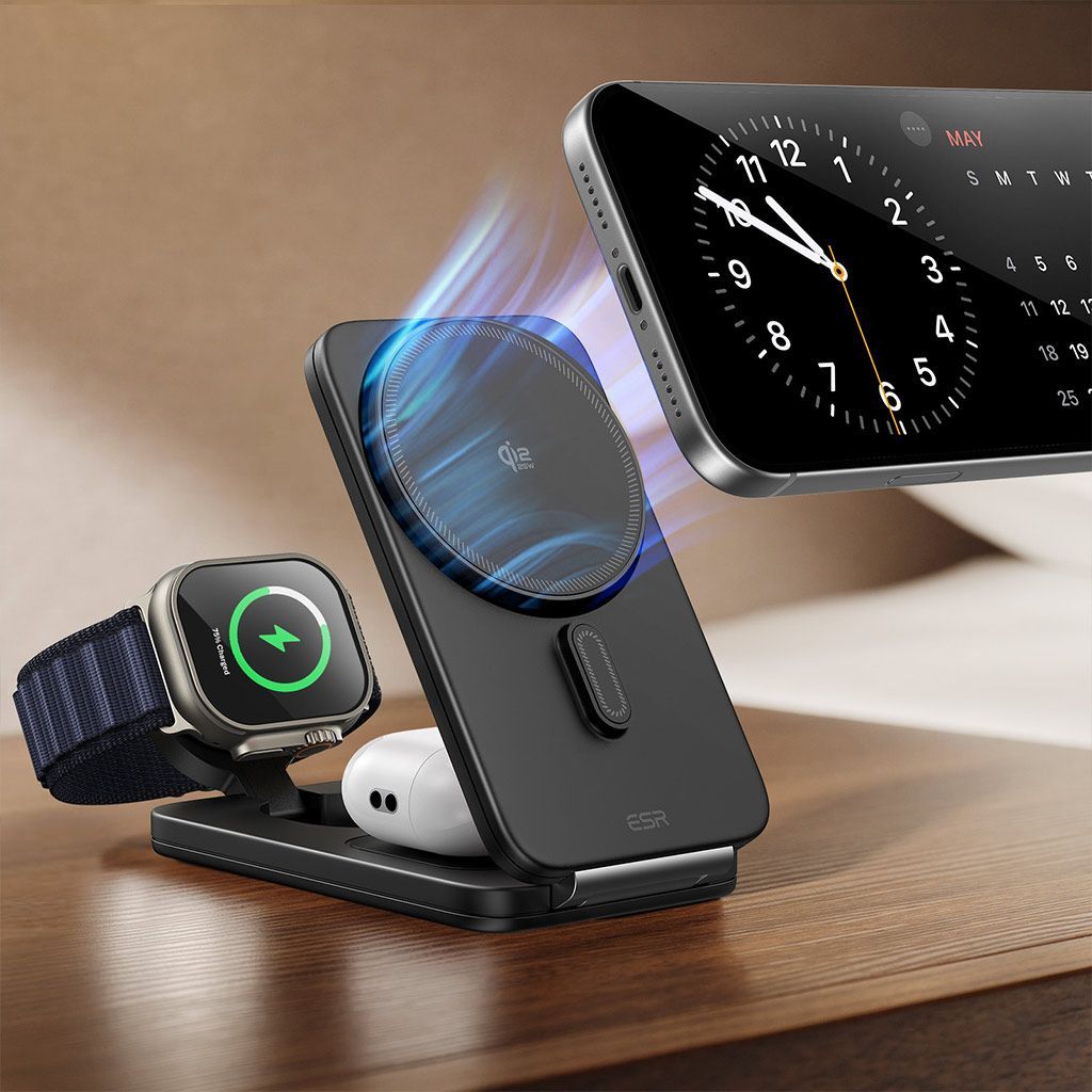 ESR Qi 2.2 25 W認証 3 in 1マグネット式折りたたみ充電ステーション CryoBoost冷却技術で発熱を抑制 2搭載スマートフォンの充電にも対応