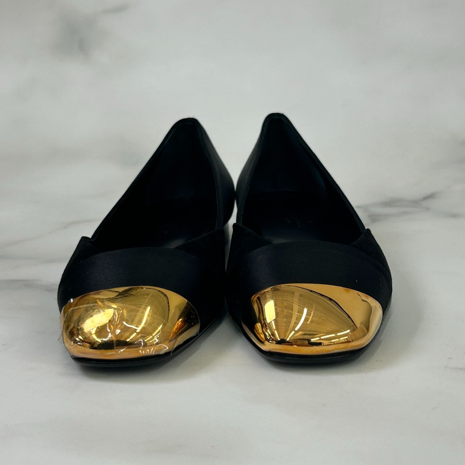 鑑定済み エルメス サテン 36.5 23.5 cm程度 ブラック ゴールド金具 レザー メタル パンプス ローヒール