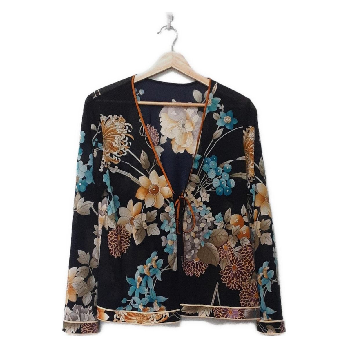 希少★LEONARD 長袖カーディガン 花柄 カンカン素材 サイズL レオナール カーディガン サイズL レディース美品 - ダークネイビー