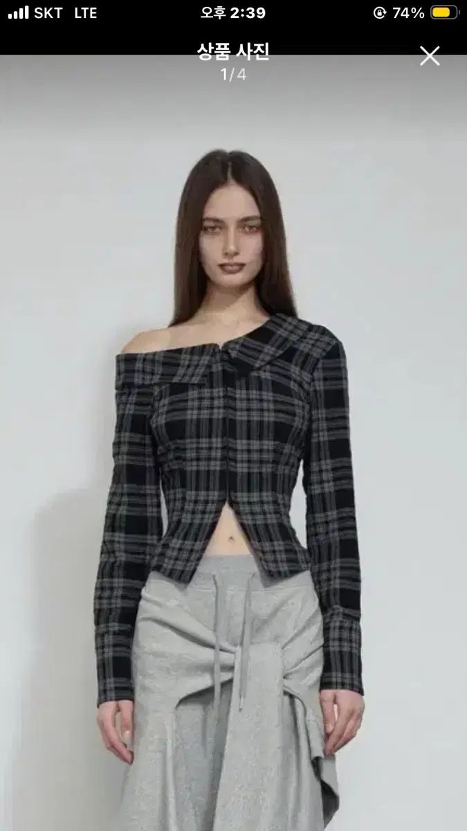 M BOHEMSEO ボヘミアンソウル 片方オフショルダー スリムフィット シャツ チェック柄