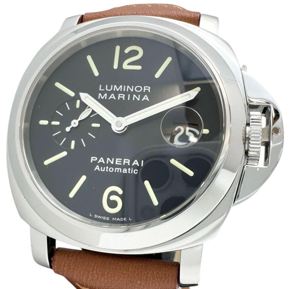 PANERAI パネライ ルミノール マリーナ 腕時計 ステンレススチール レザー 自動巻き オートマ ブラック文字盤 ブラウンレザーベルト メンズ BL