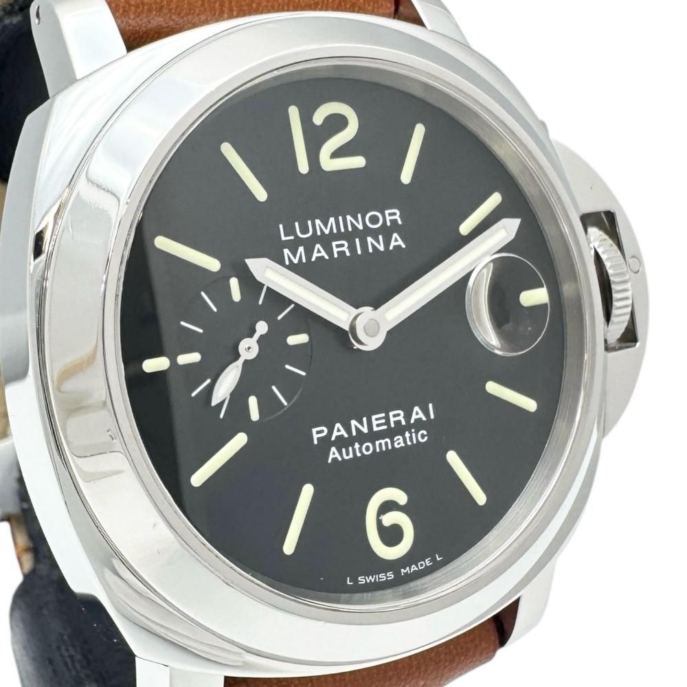 PANERAI パネライ ルミノール マリーナ 腕時計 ステンレススチール レザー 自動巻き オートマ ブラック文字盤 ブラウンレザーベルト メンズ BL