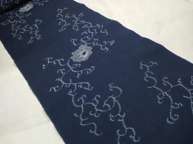 上 重要無形文化財技術保持者 森山虎雄製 久留米絣 綿 反物 着尺 天然藍染 花唐草 証紙付き kh 6