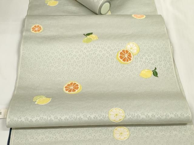 上 西陣 岡文織物謹製 名古屋帯 帯反物 レモン 檸檬 グレープフルーツ 果物 証紙付き kh 6